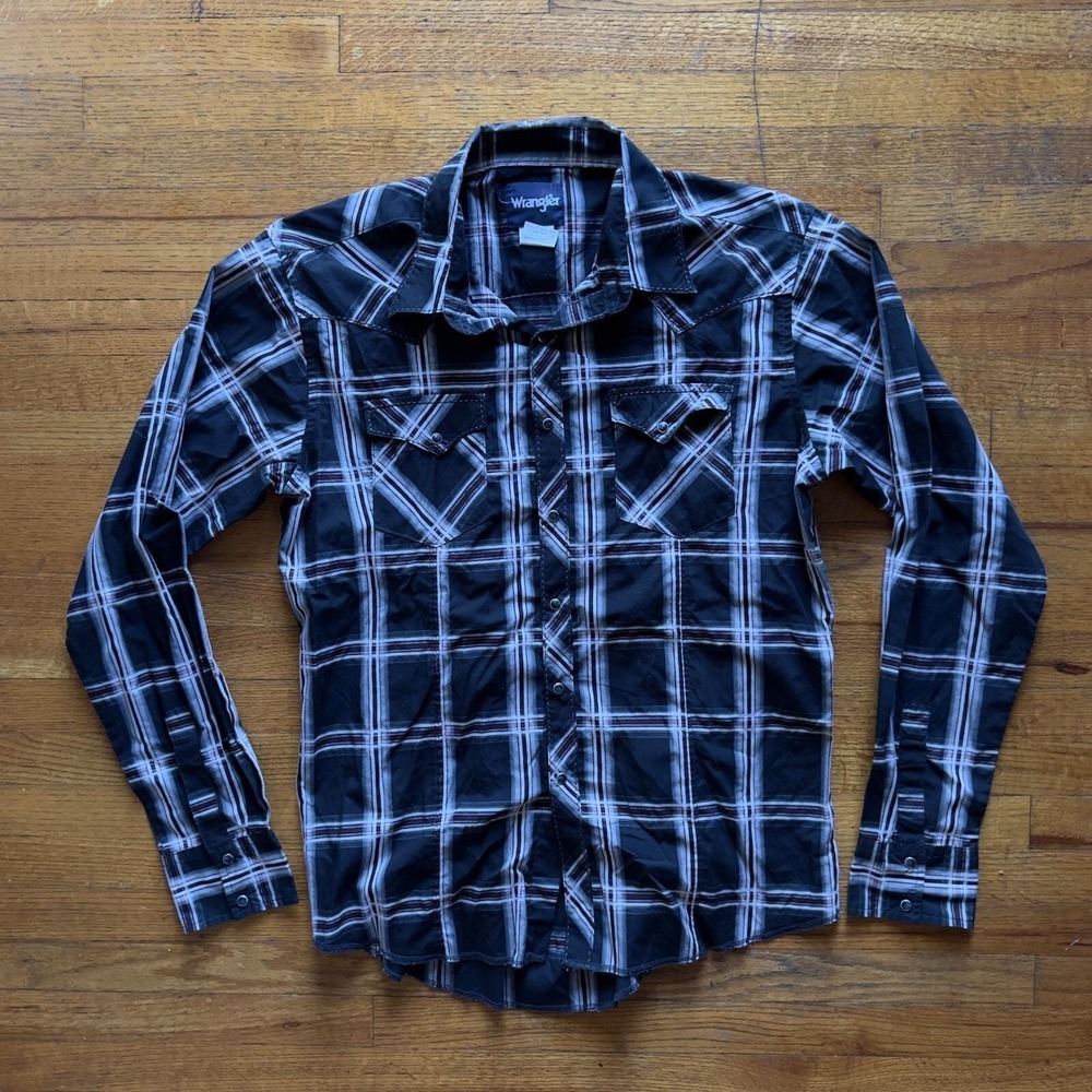 Wrangler Western‎ Shirt Plaid Pearl Snap Long Sleeve Cowboy Black Mens L